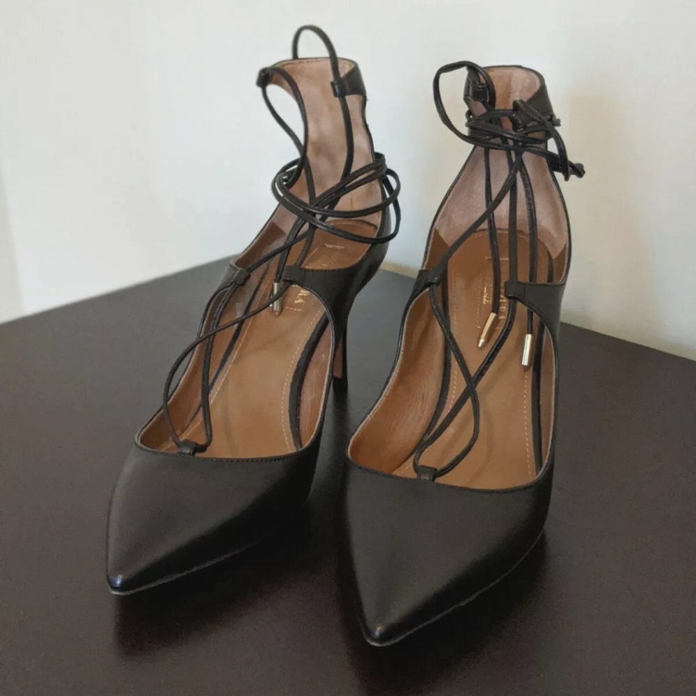 Aquazzura Heels Womens 36 | 6 Black Leather Pointed Toe Strappy Shoes Excellent